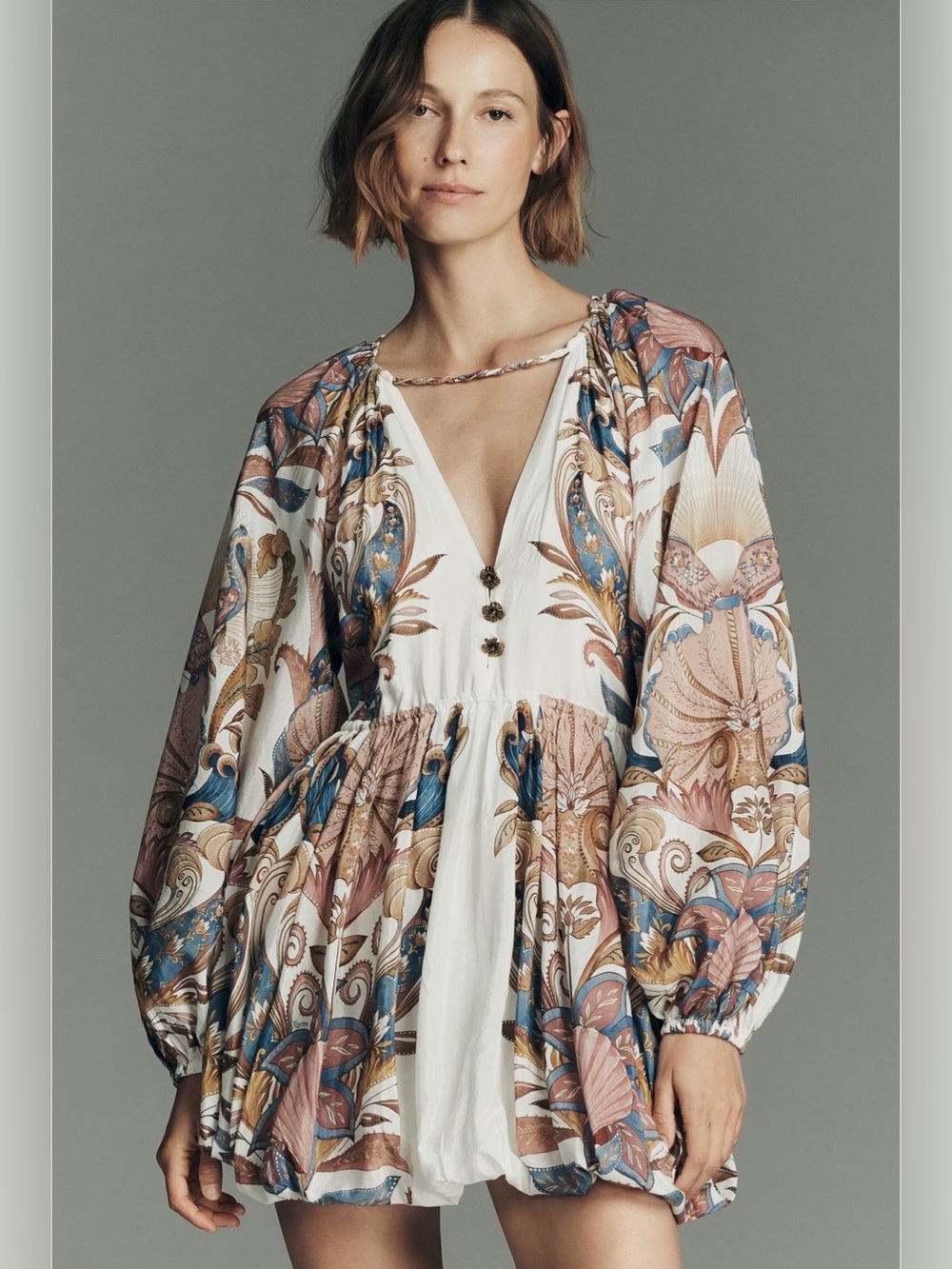 Farm Rio Sea Garden Long-Sleeve Plunge
Mini Dress NWT